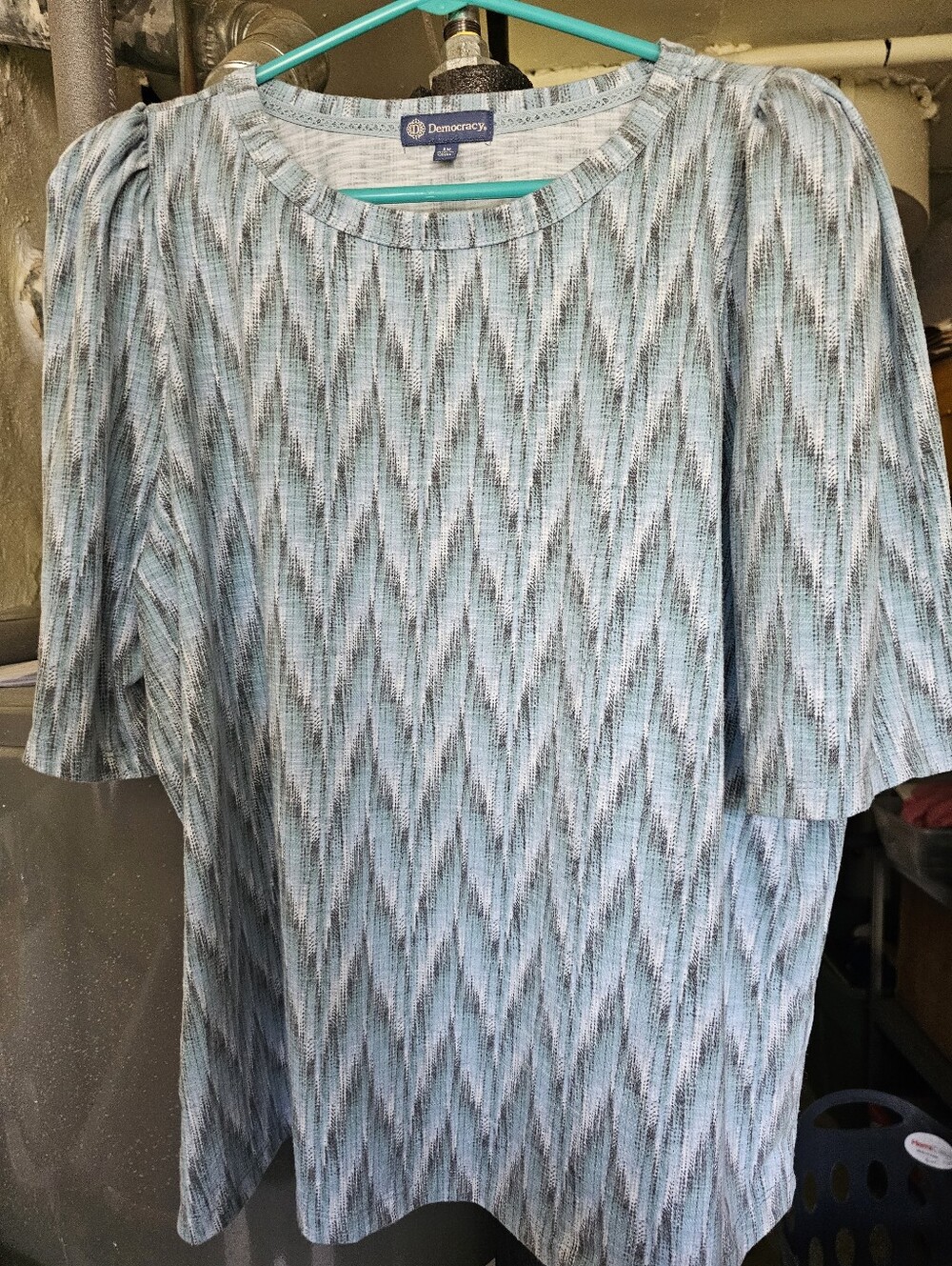 Democracy Shirt Womens 1X Blues & White Geometric Diamond-Puff Sleeves